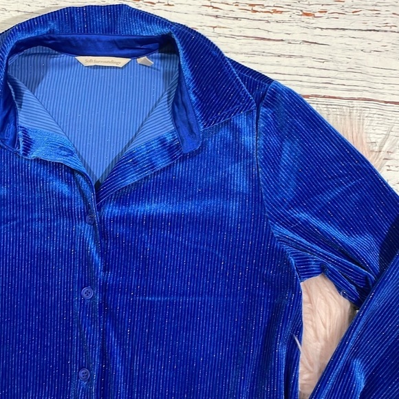 Soft Surroundings Blue Silver Textured Velvet Boyfriend Shirt Button Down - Picture 9 of 9